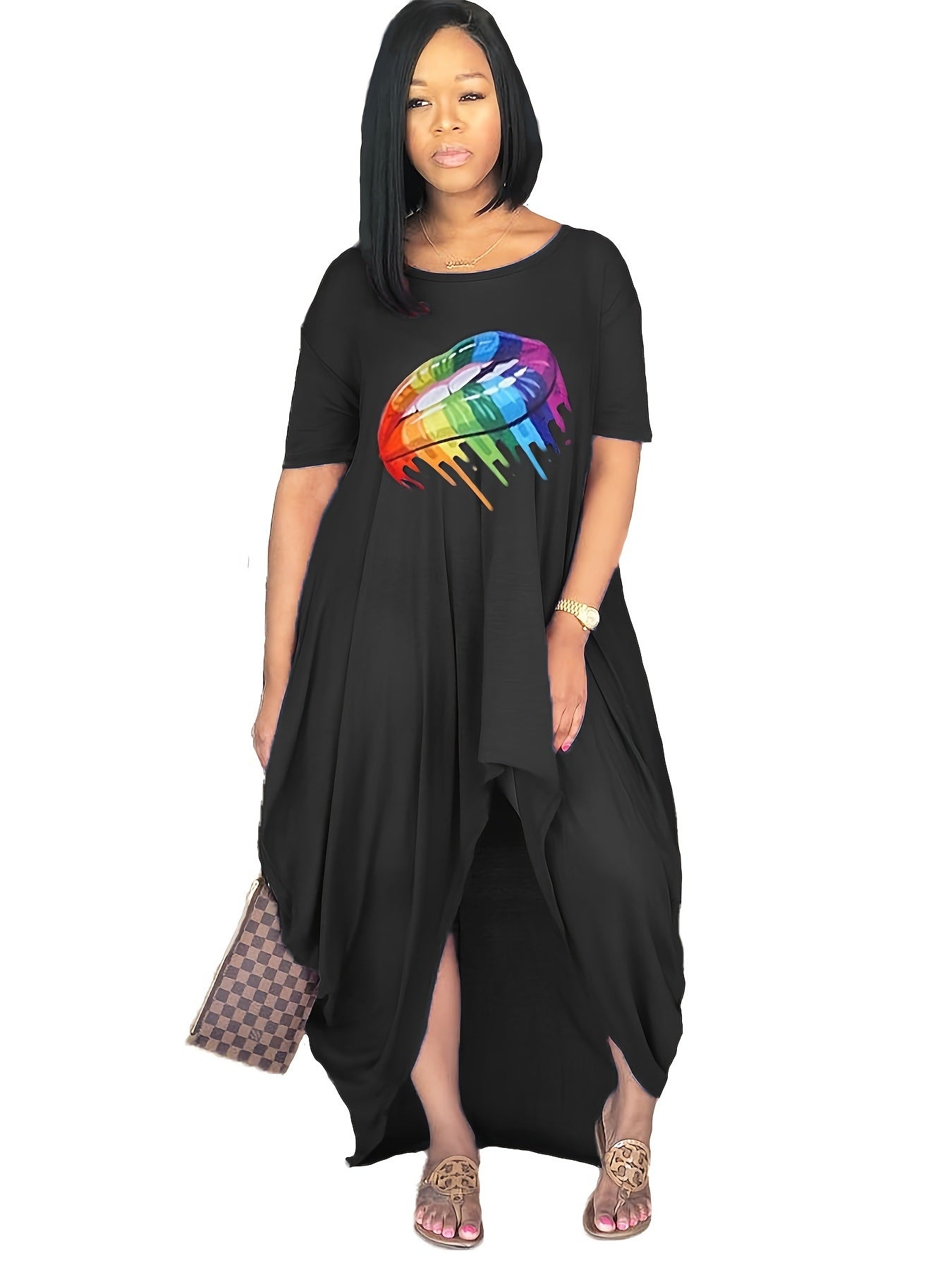 Plus Size Rainbow Color Lip Print Irregular Hem Dress; Women's Plus Casual Short Sleeve Dress