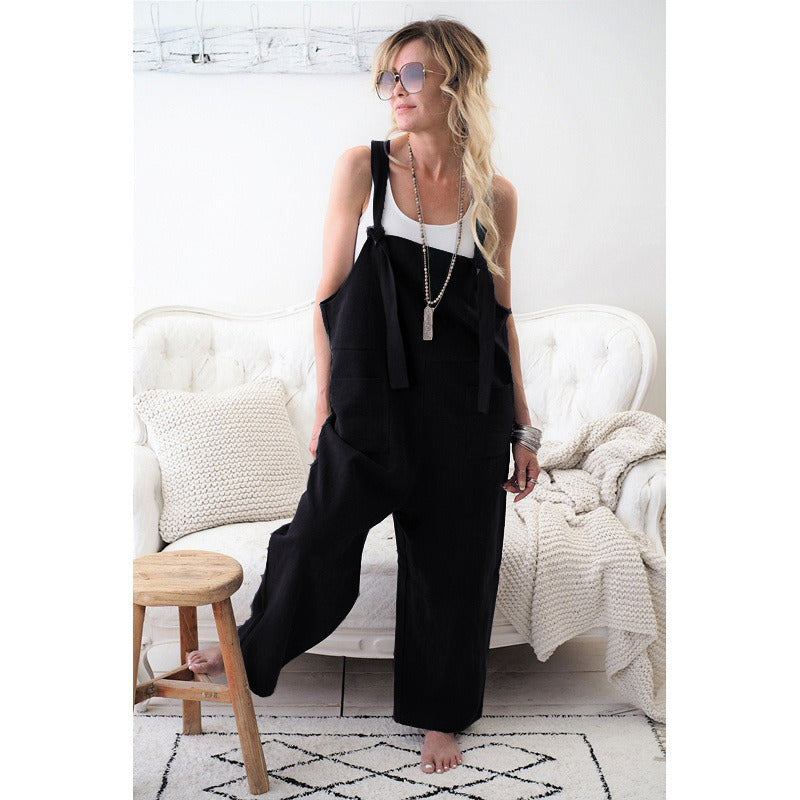 Women Fashion Literature Retro Cotton Linen Bib Pants Casual Loose Sleeveless Long Jumpsuit Spaghetti Strap Harem Trousers