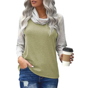 Women Autumn Plus Size T-shirt Patchwork Striped Butterfly Print Casual Loose Turtleneck Pullover Fall T Shirt