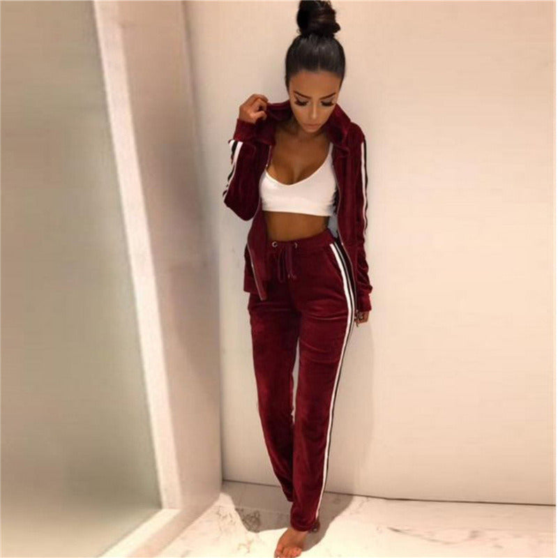 Autumn Winter Women Velvet Tracksuit Long Sleeve Zipper Hooded Tops+Pants Sport Suits Sportswear Two Pieces Set