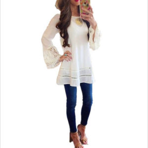 summer new fashion women's chiffon lace stitching sexy long-sleeved shirt