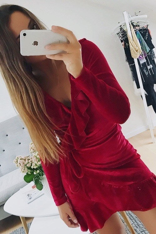 spring and summer new women's V-neck velvet ruffled irregular long-sleeved dress