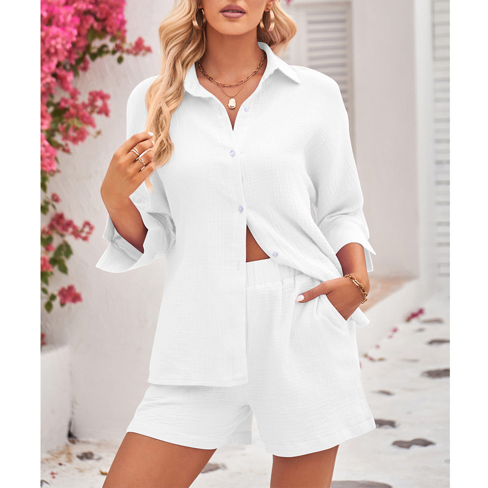 Women's 2 Piece Shirt Casual Tracksuit Outfit Sets Long Sleeve Shirt And Loose High Waisted Mini Shorts Set