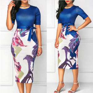 summer new women's sexy slim round neck short-sleeved printed stitching dress