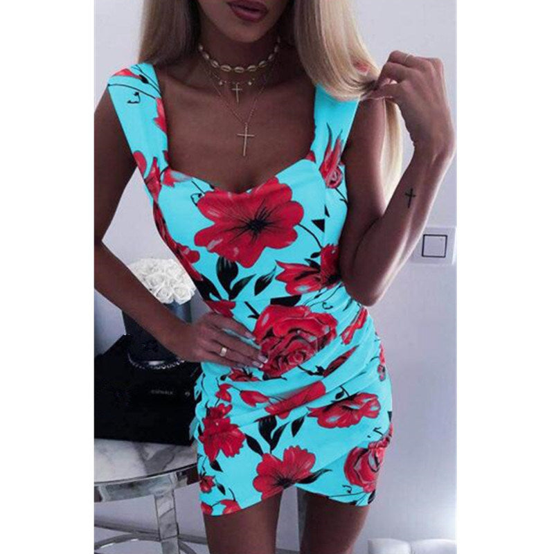 Women's Summer Sleeveless Print Slim Bag Hip Dress