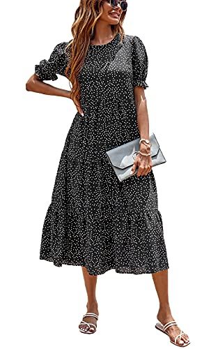 Women's Summer Casual Boho Dress Floral Print Ruffle Puff Sleeve High Waist Midi Beach Dresses