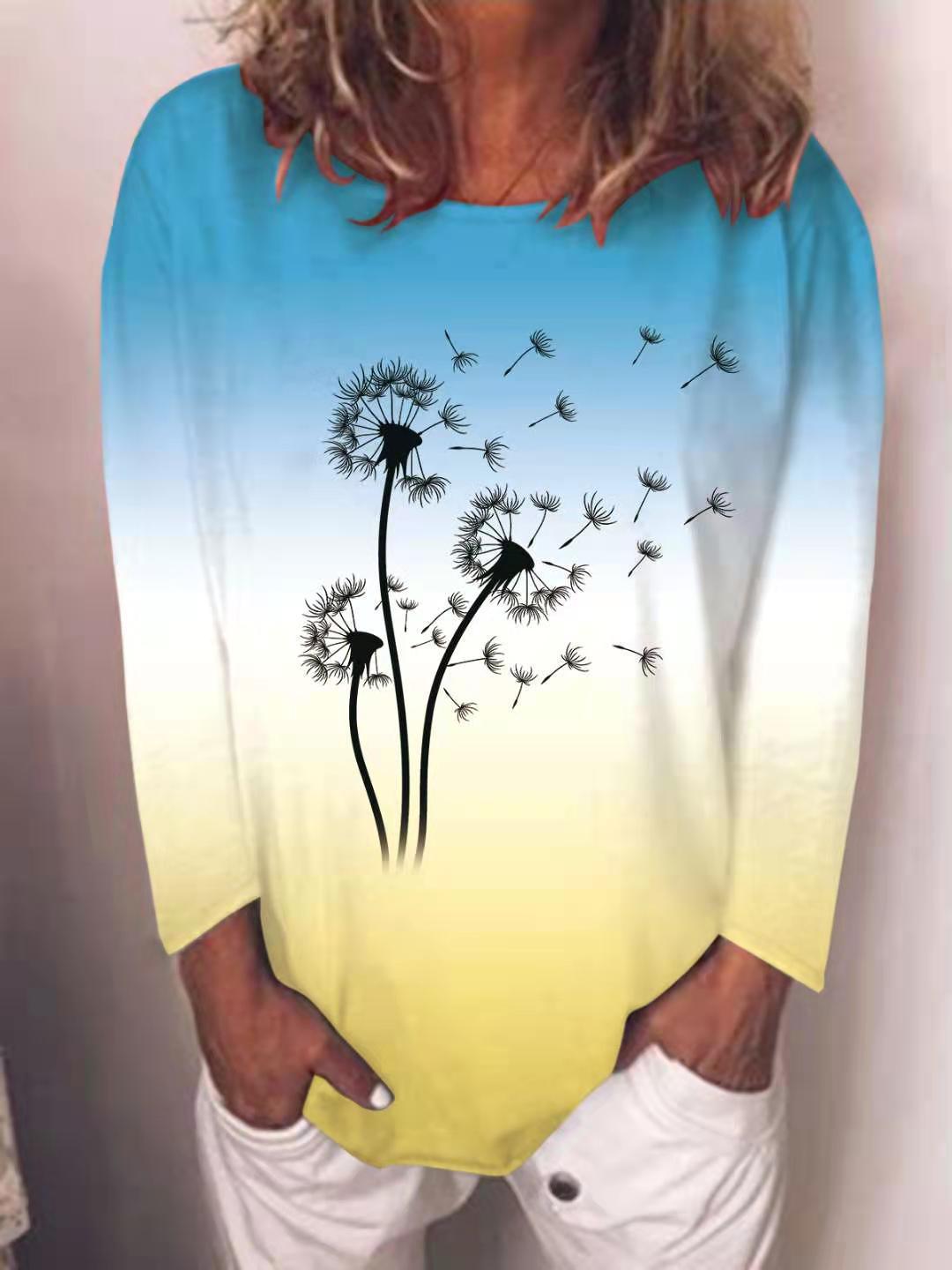 Autumn Women's New Product Tops, Novel Dandelion Pattern Gradient Printed Long Sleeve Top