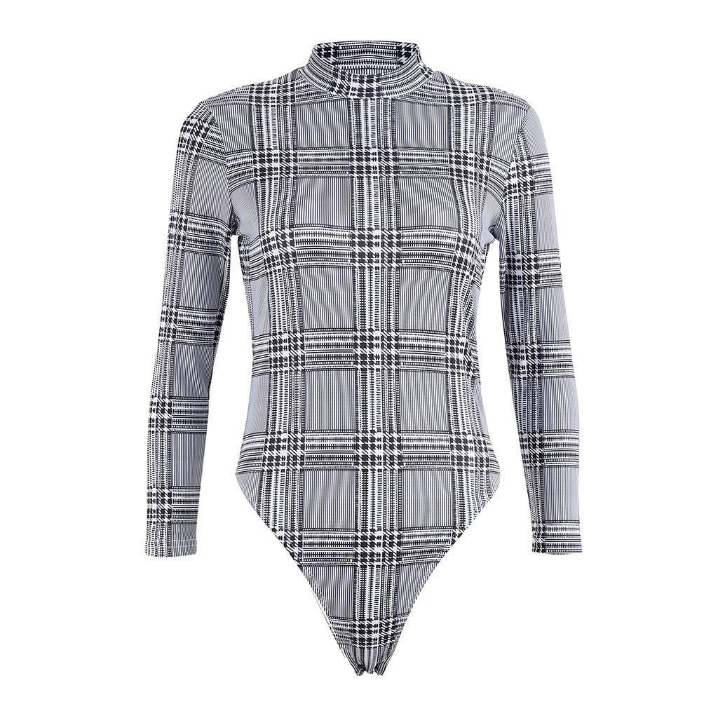 Sexy Plaid Long Sleeve Basesuit Open Appeal Slim Fit Slimsuit