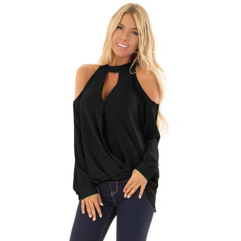 Women Fashion Loose Causal Long Sleeve Pure Color Off Shoulder Summer Shirts Plus Size S-2XL