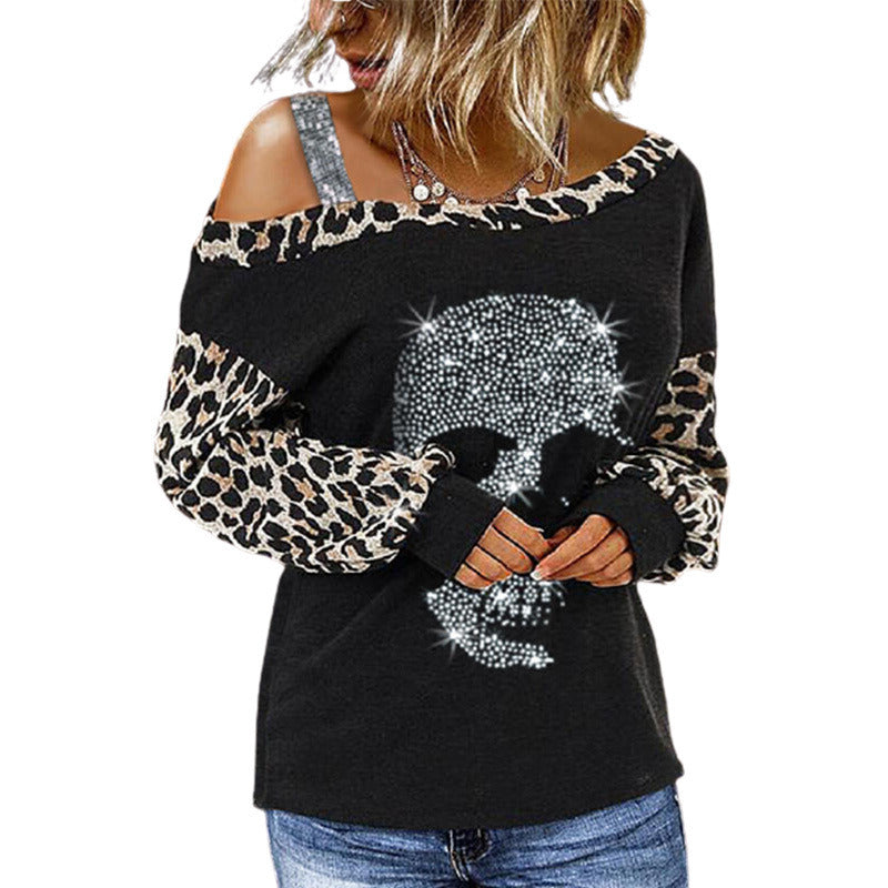 autumn and winter Halloween new women's top leopard print stitching strapless diamond long sleeved t-shirt top