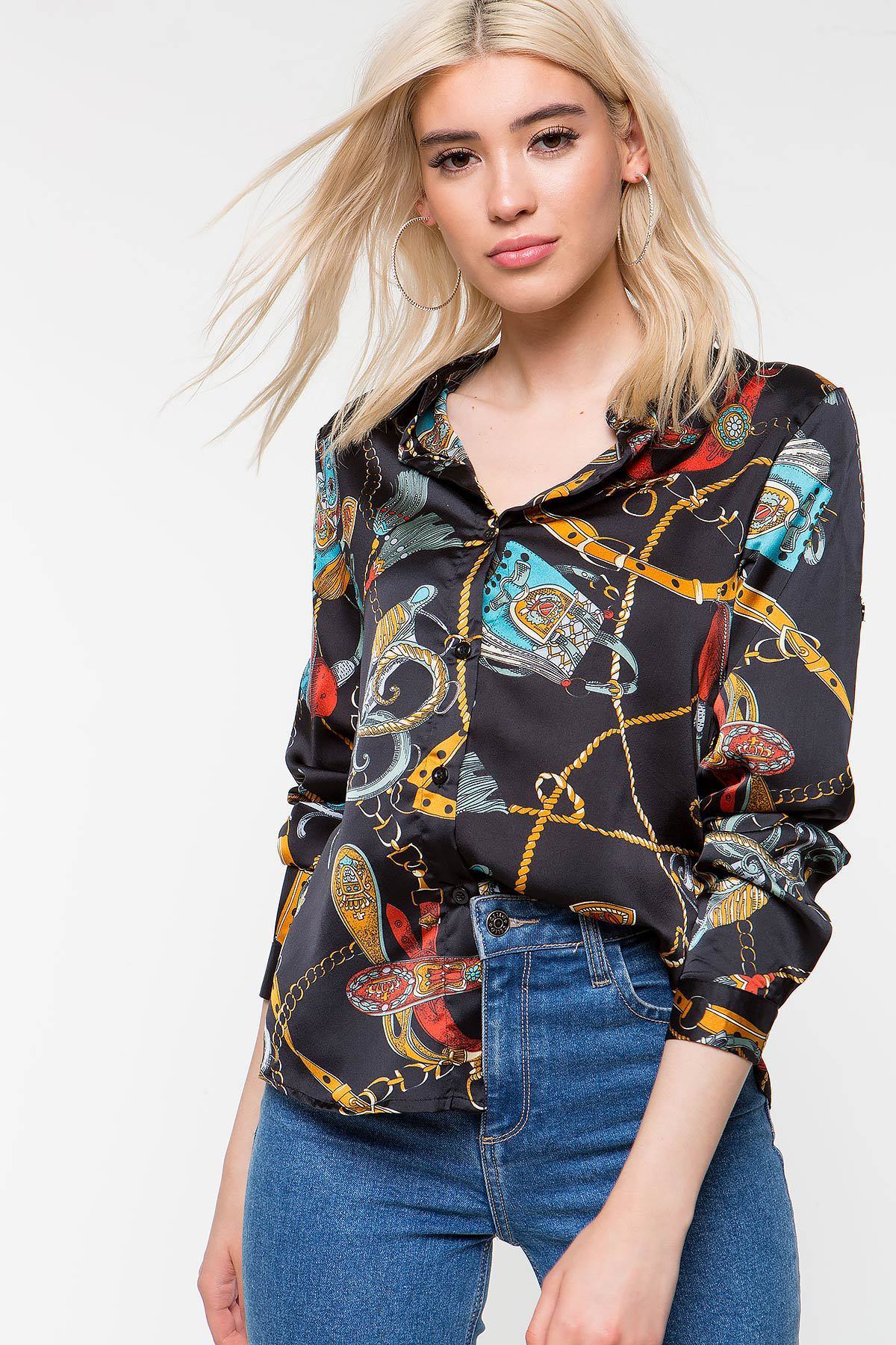 Europe and the new women's lapel lock chain printed long-sleeved shirt