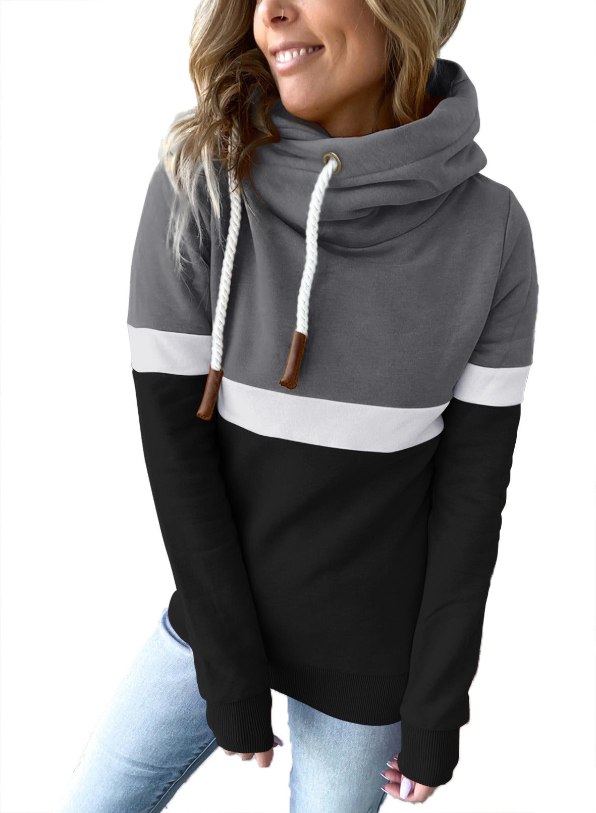 autumn and winter new women's hoodie solid color stitching casual high-neck fleece hooded sweater