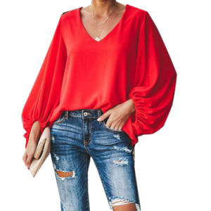 Autumn and Winter New Hot Chiffon Lantern Sleeves Women's Shirt Casual V-neck Loose T-shirt