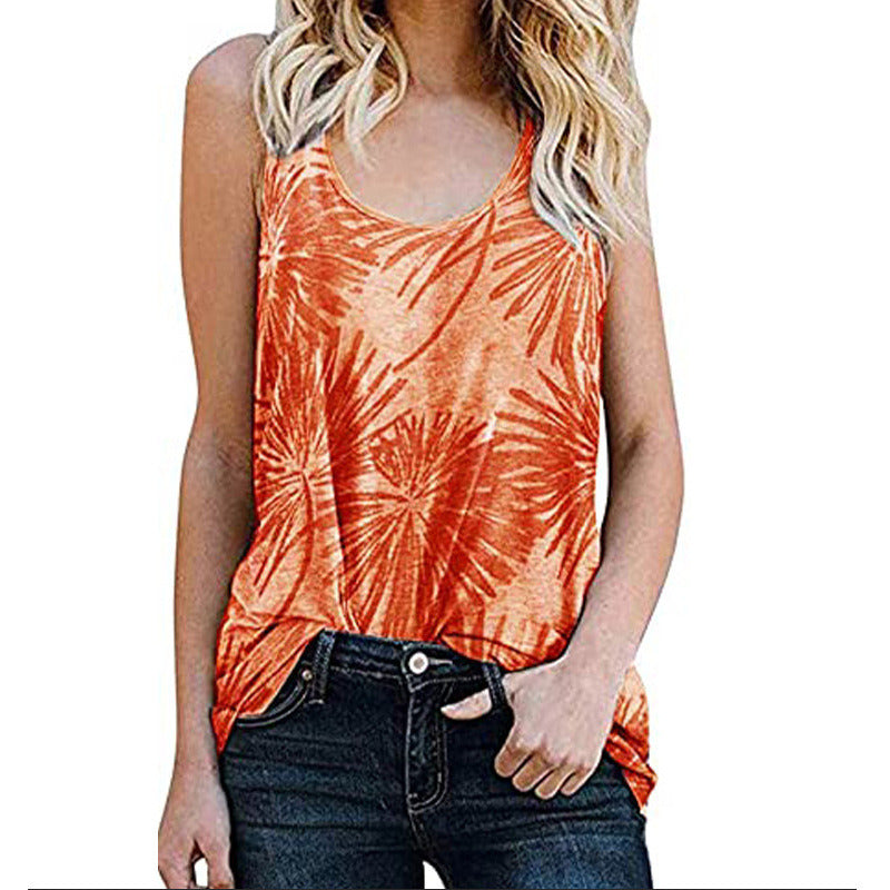 Summer Women's Casual Sleeveless Vest Round Neck Leopard Print Floral Burnout T-Shirt Women's Top