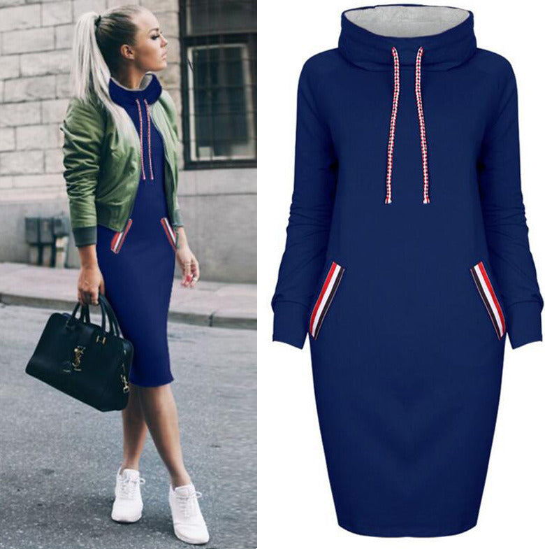 Women's Fashion Autumn Solid Color Loose Casual Long Sleeve Pocket High Collar Hoodie Dress