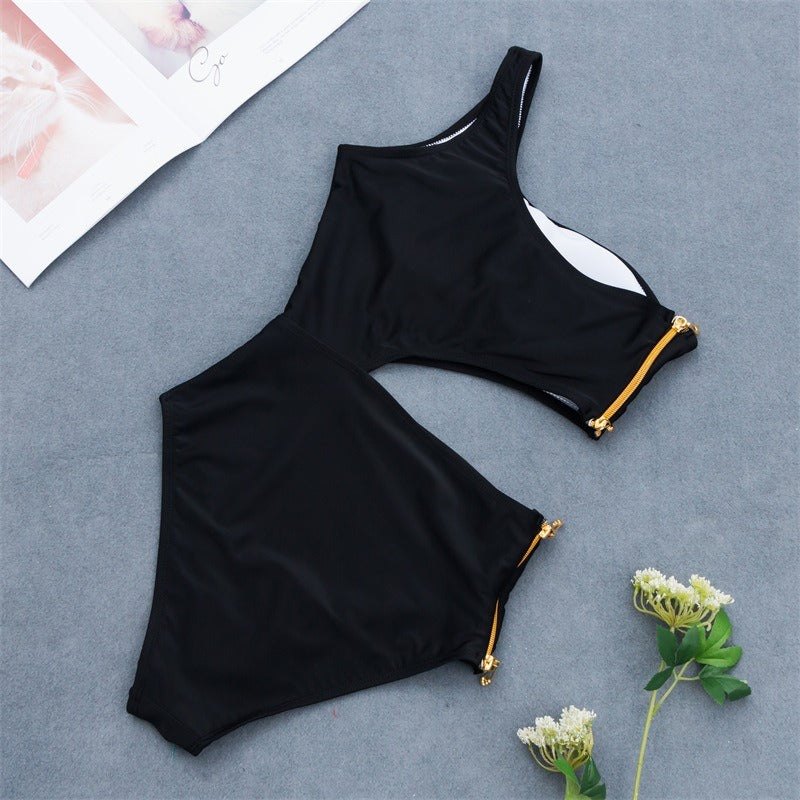 Hot Bikini Sexy Zipper Design One-shoulder One-piece Swimsuit