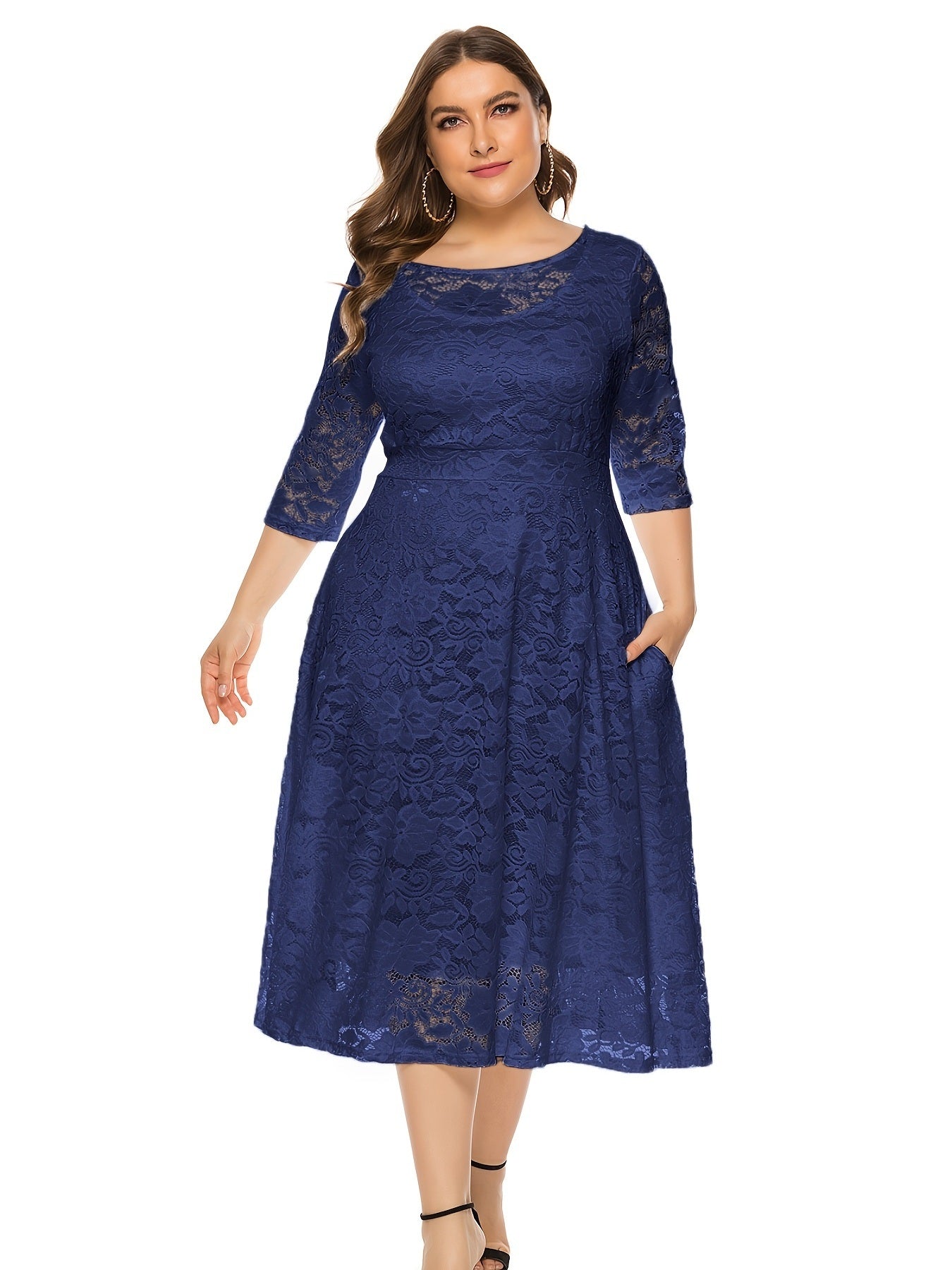 Plus Size Contrast Lace Half Sleeve Semi Sheer Midi Prom Dress; Women's Plus Elegant Party Dress For Wedding