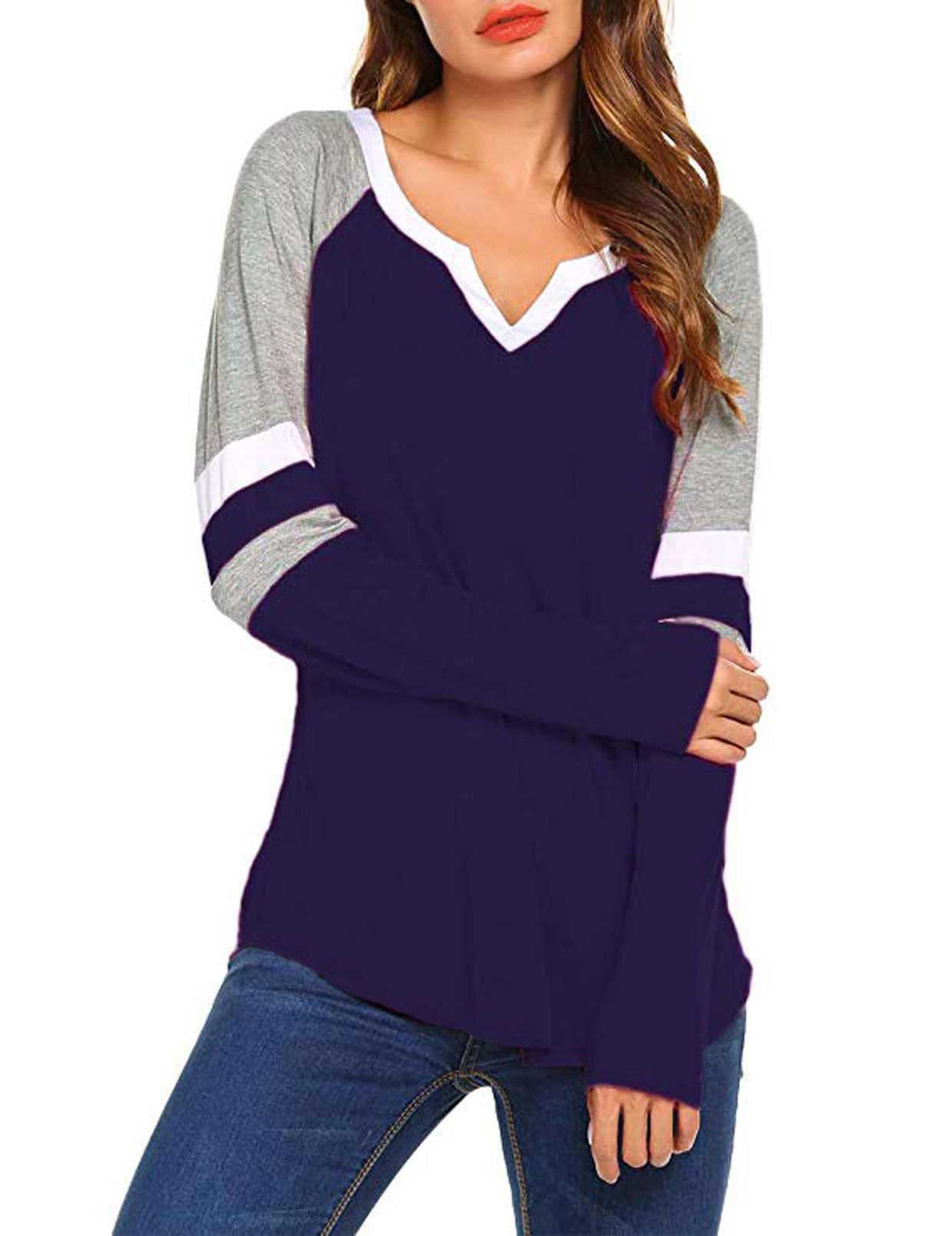 New Europe and America autumn and winter new stripe stitching solid color V-neck long sleeve