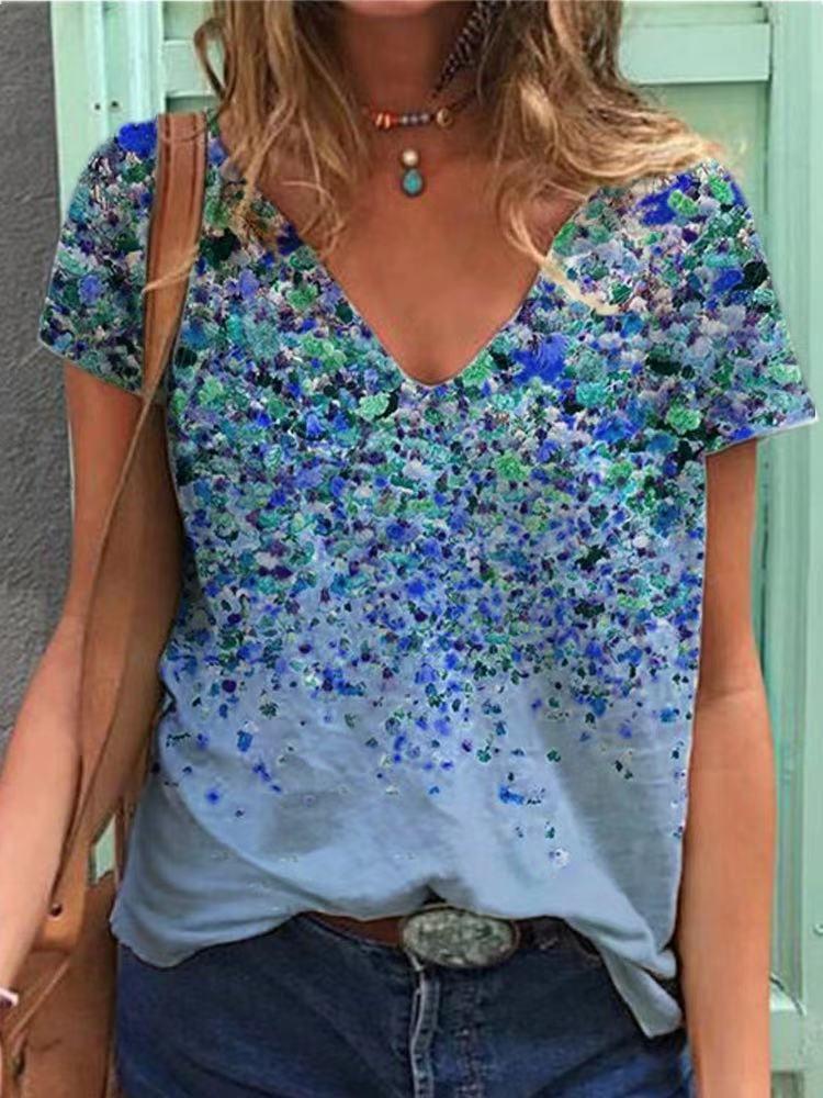 Summer new women's V-neck floral print short sleeve top T-shirt