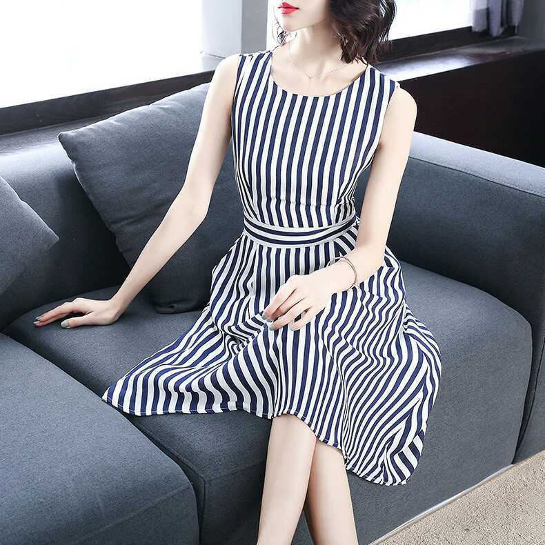 Spring and Summer New Women's Long Skirt Striped Round Neck Sleeveless Waist Dress