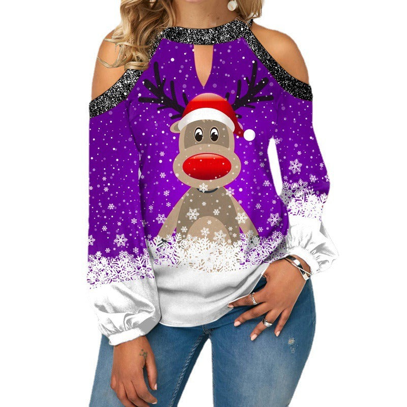 New Women's Christmas Elk Printed Sequin Off-the-shoulder Top Long Sleeve T-shirt Lantern Sleeve