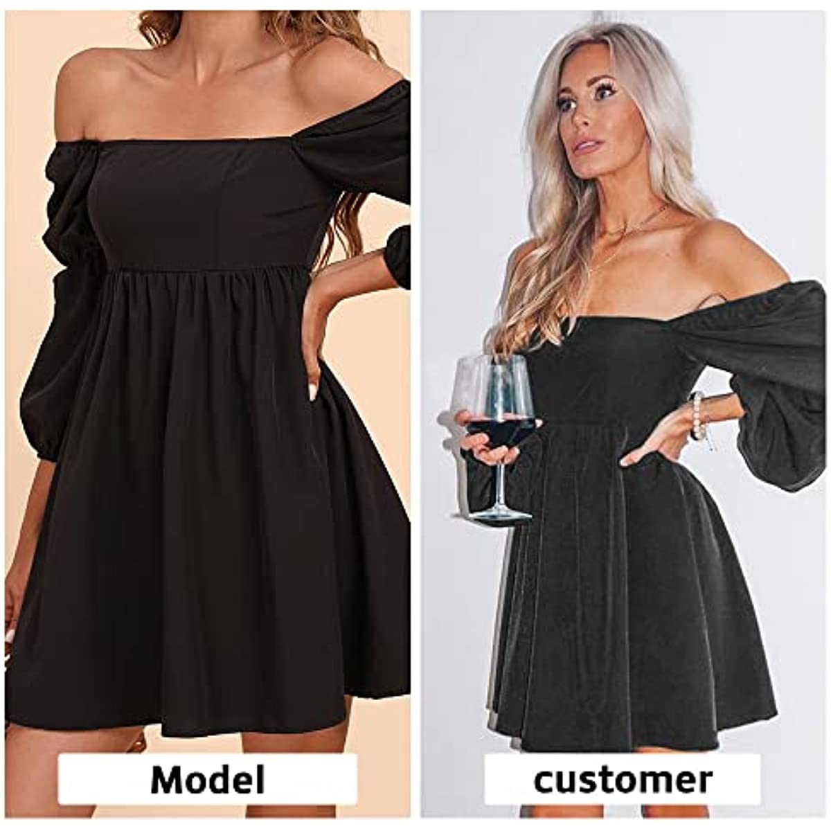 Womens Square Neck Dress Long Puff Sleeve A-Line Casual Short Mini Dress