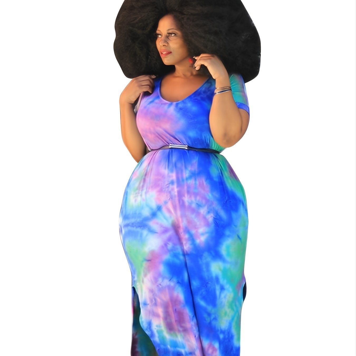 Plus Size Tie Dye Round Neck Loose Fit Maxi Dress; Women's Plus High Stretch Elegant Long Dress