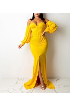 Women's Dresses Women's Sexy Off Shoulder Maxi Dress V Neck Lantern Long Sleeve Split Gown Cocktail Mermaid Formal Dresses