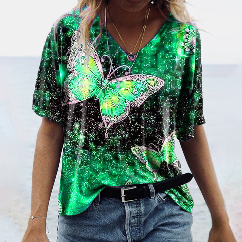 Summer Women's New Product Top Sleeve Butterfly Printed V-Neck T-Shirt