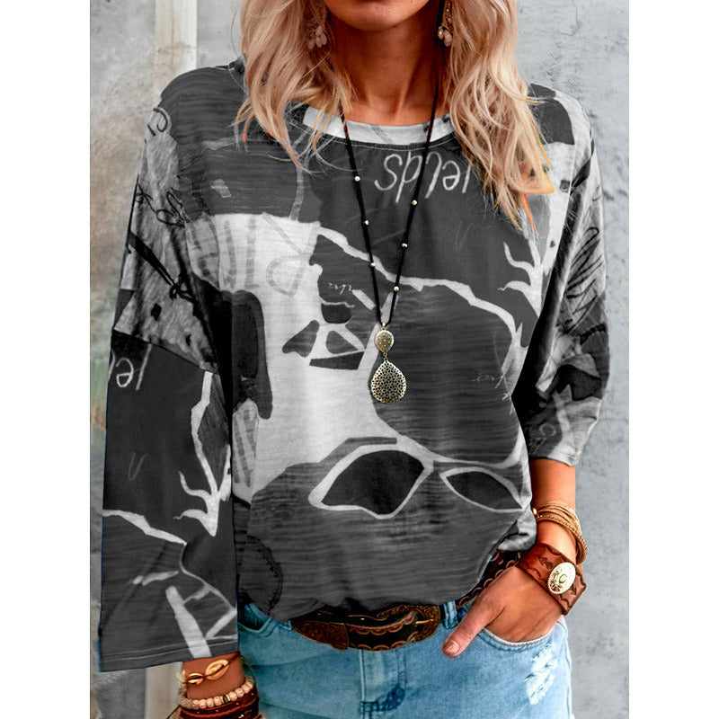 Autumn Long Sleeve T Shirt Women O-Neck Map Graffiti Printing Cotton T-Shirts Ladies Plus Size Tops Casual Loose Tees