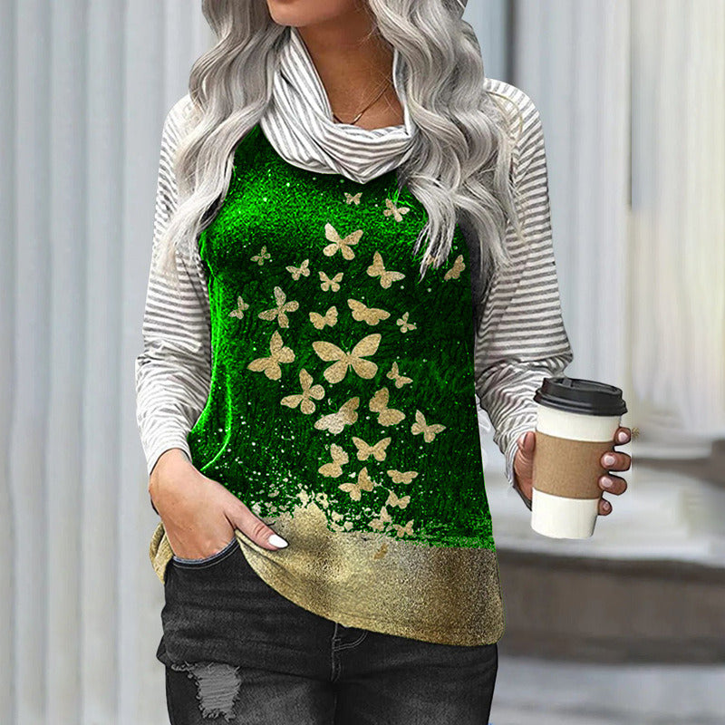 Women's Stitching Long Sleeve Stack Neck Top Striped Sleeve Printed T-Shirt