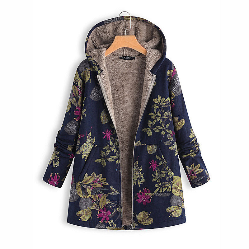 Europe and the new women's digital printing hooded sweater warm plush jacket