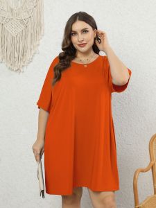 Plus Size Elegant Dress; Women's Plus Solid Round Neck Short Sleeve Knee Length Tee Dress