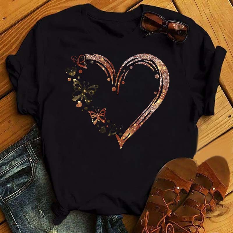 Watercolor Butterfly Heart Printed T Shirt New Women Black T-Shirt Harajuku Cute Graphic Tee Shirt Ladies Casual Female Tops Tee