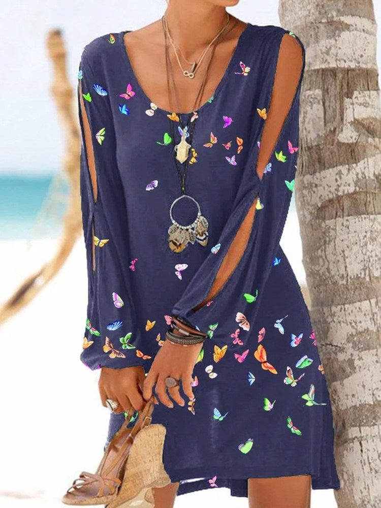 Women's Butterfly Print Long Sleeve Hollow Loose Beach Dress