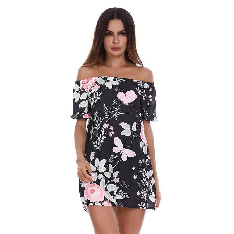 spring and summer new women's one-shoulder printed short-sleeved shirt