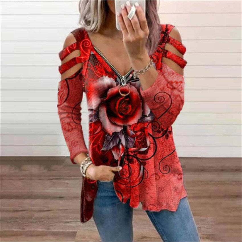 Women's New Style V-neck Zipper Rose Flower Print Casual T-shirt Top