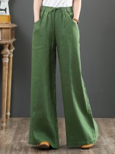 Solid Color Literary Cotton Linen Wide Leg Pants; Women's Trousers