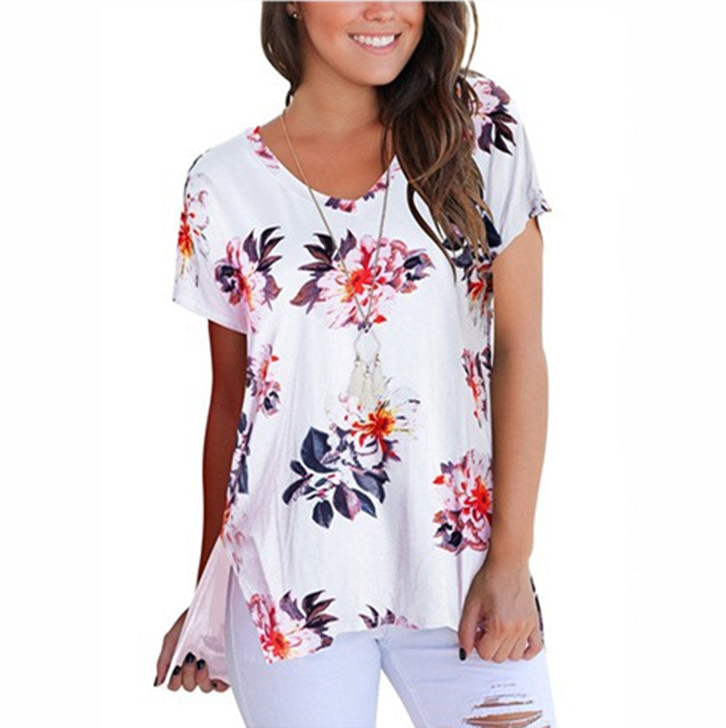 New women's V-neck print short front long split t-shirt