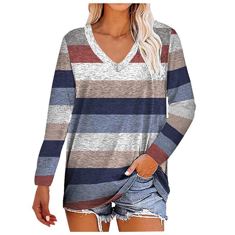 Women's long-sleeved T-shirt autumn new stitching printed V-neck women's top