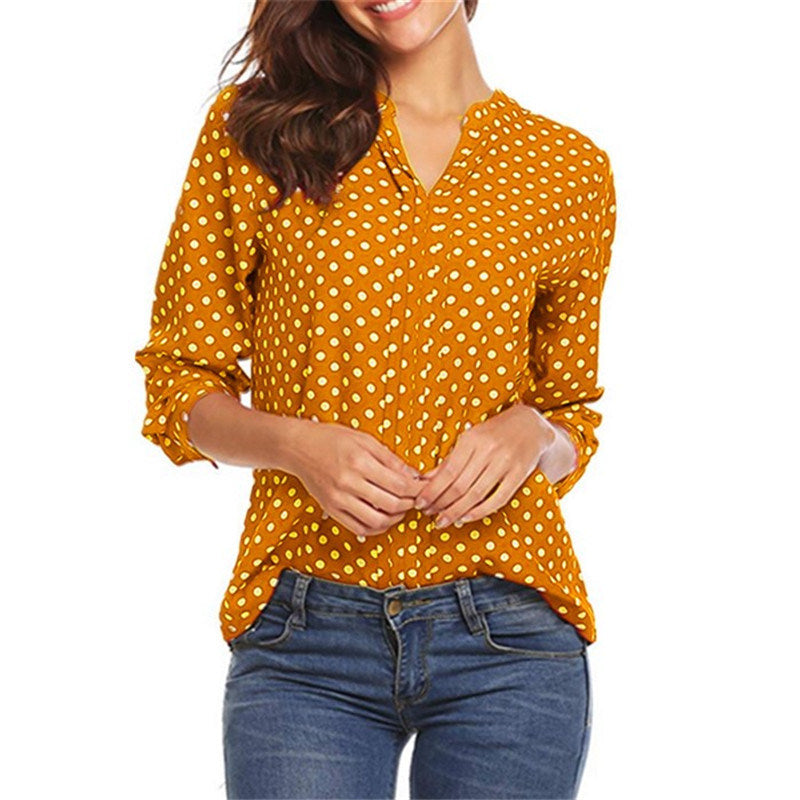 Europe and The United States Dot Print V-neck Long-sleeved Sleeves Loose Ladies Chiffon Shirt Women