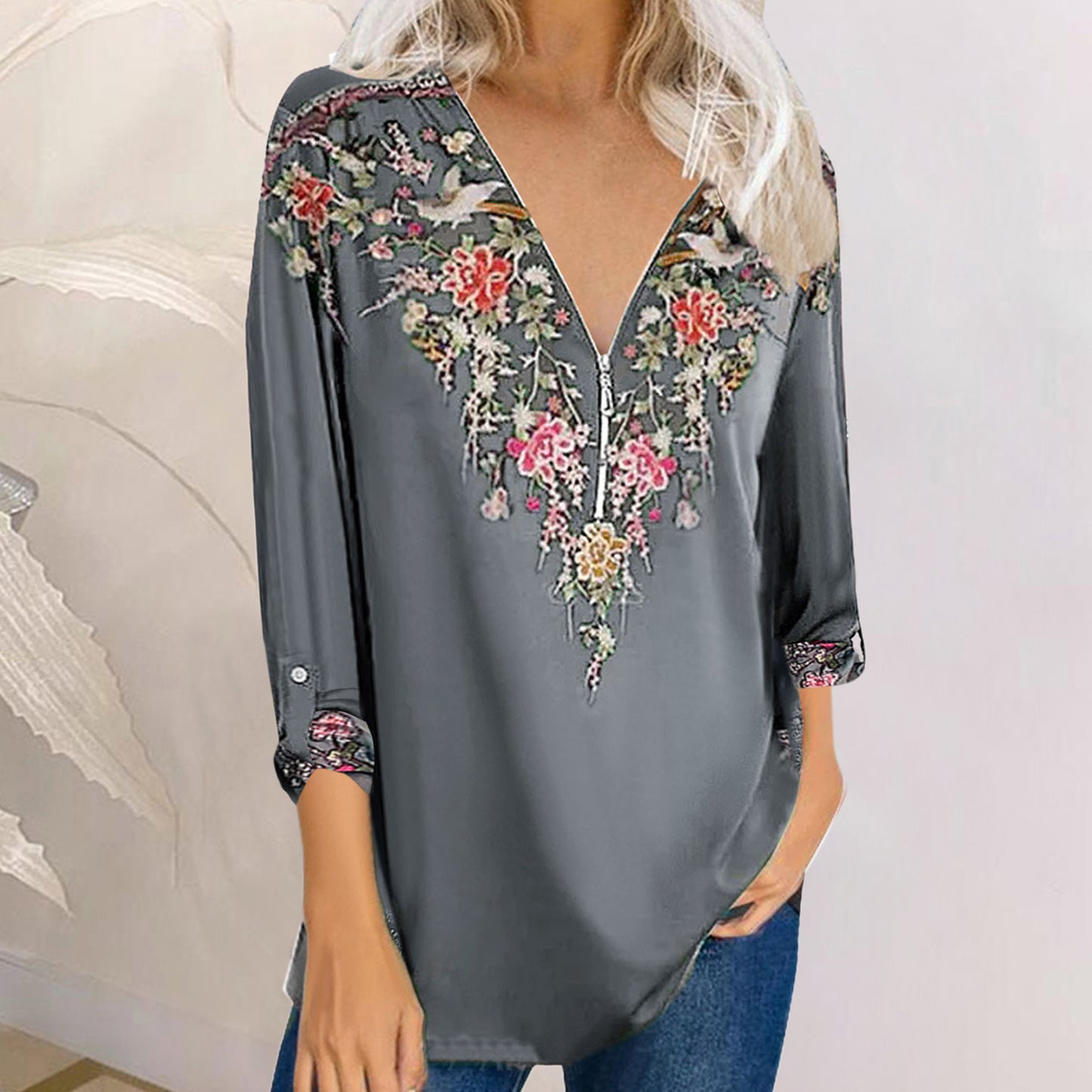 Autumn New Women's Printed Temperament Ethnic Style Long-sleeved V-neck Blouse