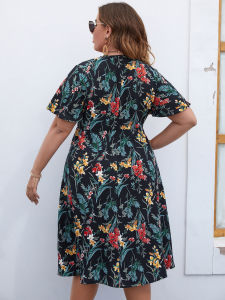 Summer Plus Size L-4XL Mid Floral Dress Beach Skirt Women Fashion Sexy Casual V-neck Slit Hem Hollow Waist Light Thin Breathable