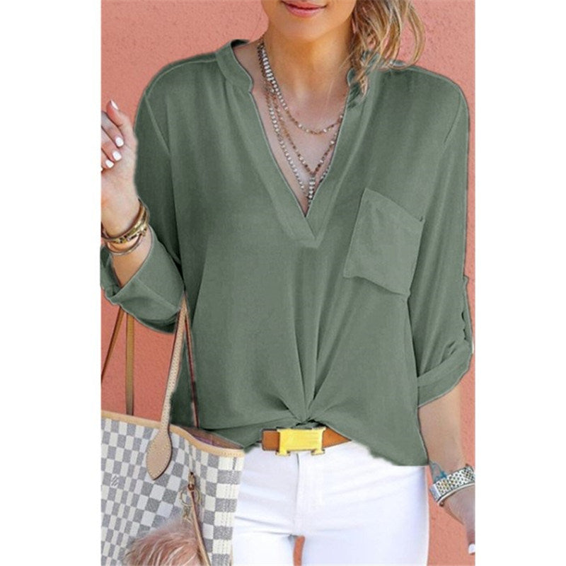 autumn women's new V-neck solid color chiffon pocket shirt