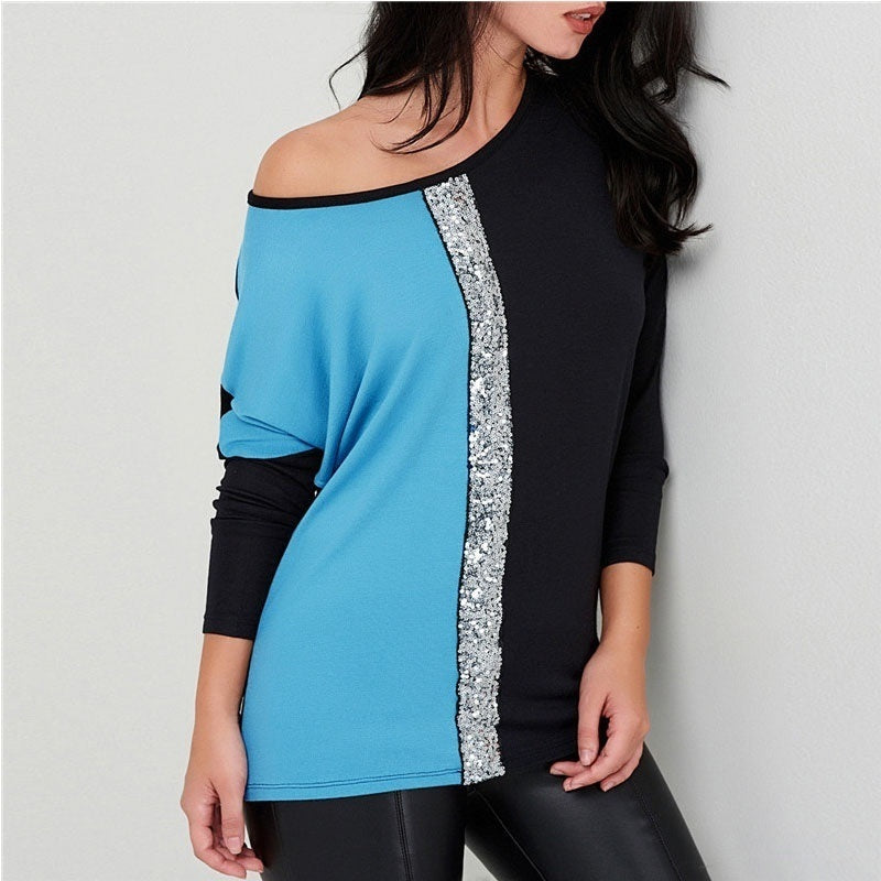 Women Long Sleeve Fashion Sequins Patchwork T Shirt Female Tshirt Autumn Casual Loose Tops Tee Shirt Femme Plus Size