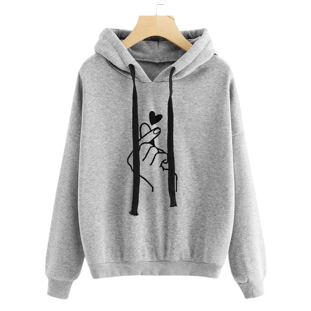 New Fashion Women Hooded Sweater Casaul Printed Heart Long Sleeve Solid Color Hooded Hoodie Finger Heart Hoodie Pullover Tops Hoodies Coat