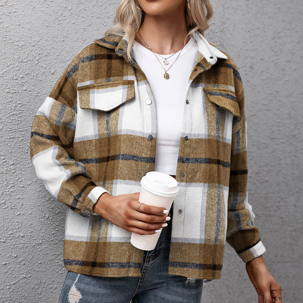 Women's Thick Cashmere Long-sleeved Plaid Top Loose Casual Shirt Plush Plaid Jacket