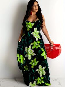 Plus Size Boho Dress; Women's Plus Floral Print V Neck High Stretch Cami Maxi Dress With Pockets