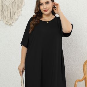 Plus Size Elegant Dress; Women's Plus Solid Round Neck Short Sleeve Knee Length Tee Dress