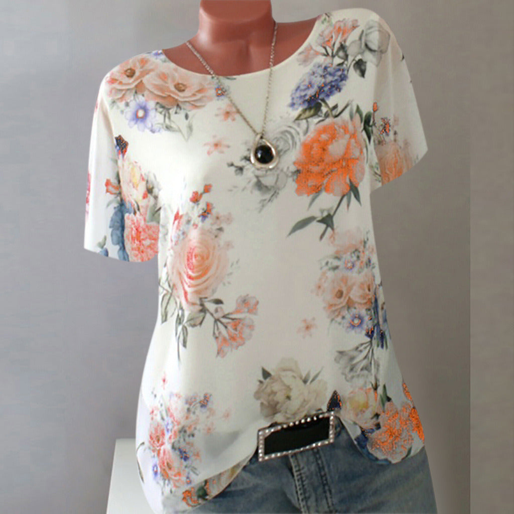 summer new women's shirt loose printed large round neck short-sleeved T-shirt